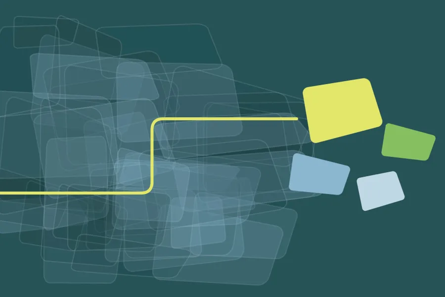 Abstrakte Grafik: viele sich überlagernde, trübe Flächen, aus denen eine gelbe Linie zu vier klar getrennten farbigen Formen führt